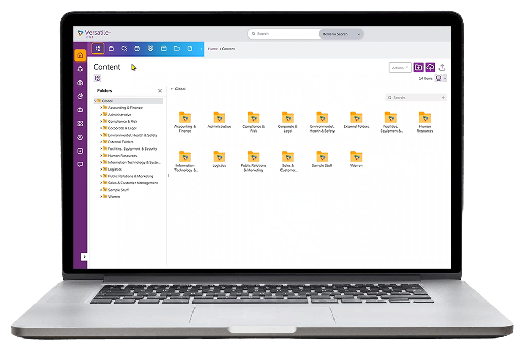 Versatile 2026 on a laptop: the Content view, with the Global folder tree on the left and department folders such as Accounting & Finance, Compliance & Risk, and Human Resources