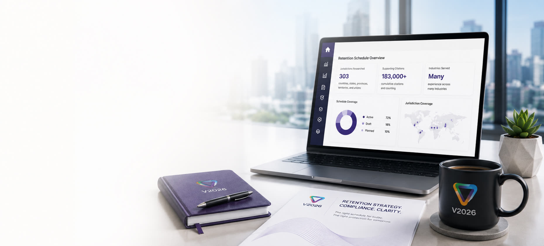 A laptop on a desk showing a Retention Schedule Overview dashboard: 303 jurisdictions researched, 183,000+ supporting citations, schedule coverage by status, and a world map of jurisdiction coverage — beside a Versatile notebook and mug