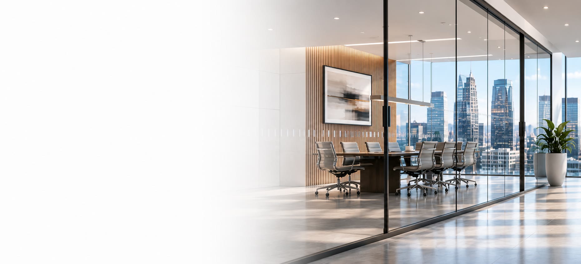 A glass-walled boardroom on a high floor, table set and empty, city towers filling the windows behind it