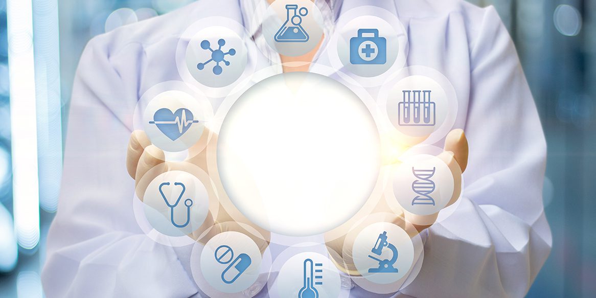 Doctor holding medical icons render