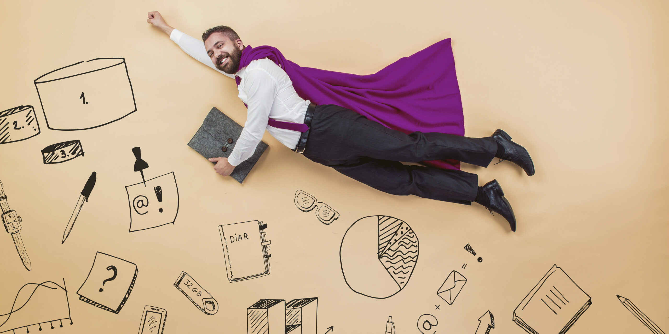business man with purple cape flying with various business illustrations in background