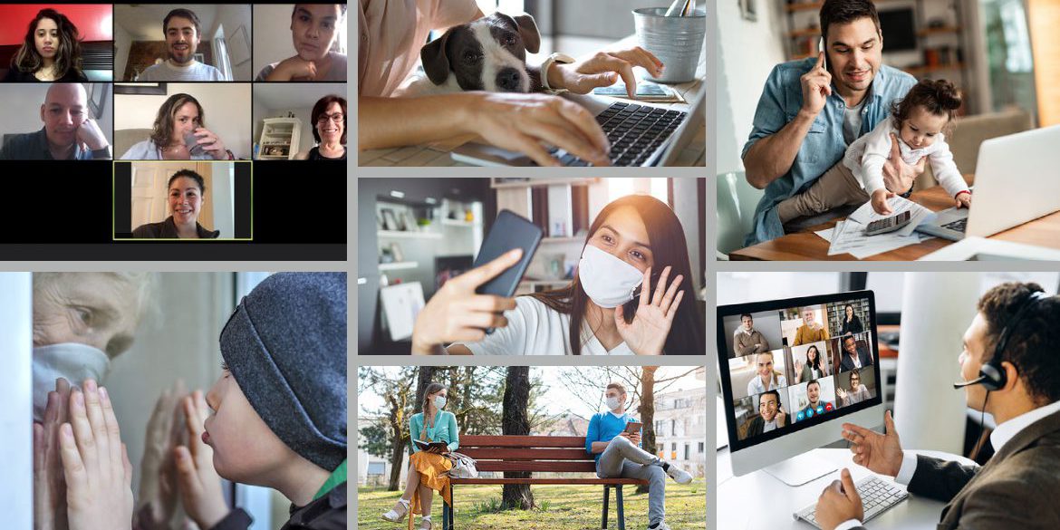Collage of digital and in person interactions of people during a pandemic