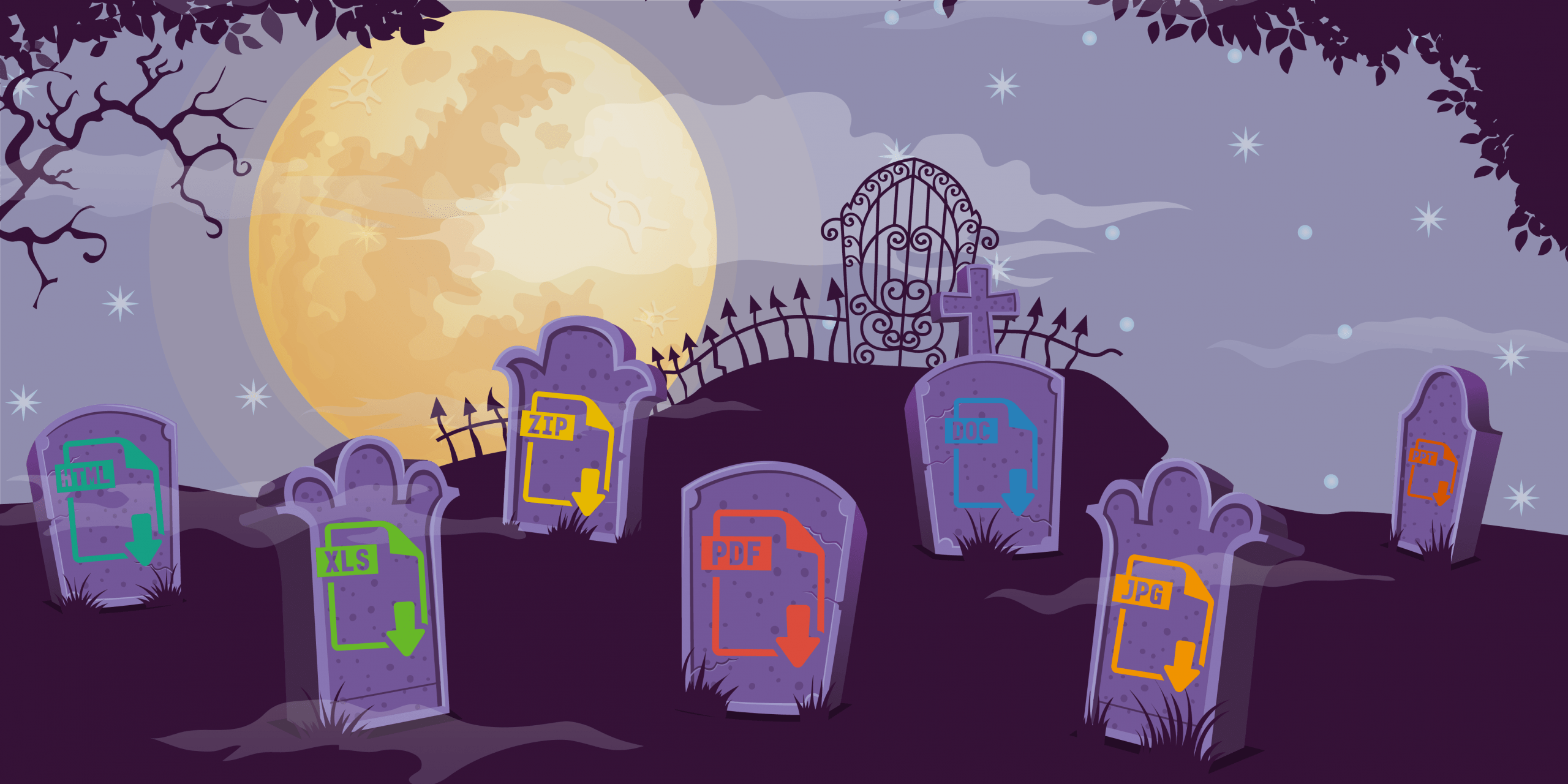 digital graphic of popular file formats on headstones in graveyard