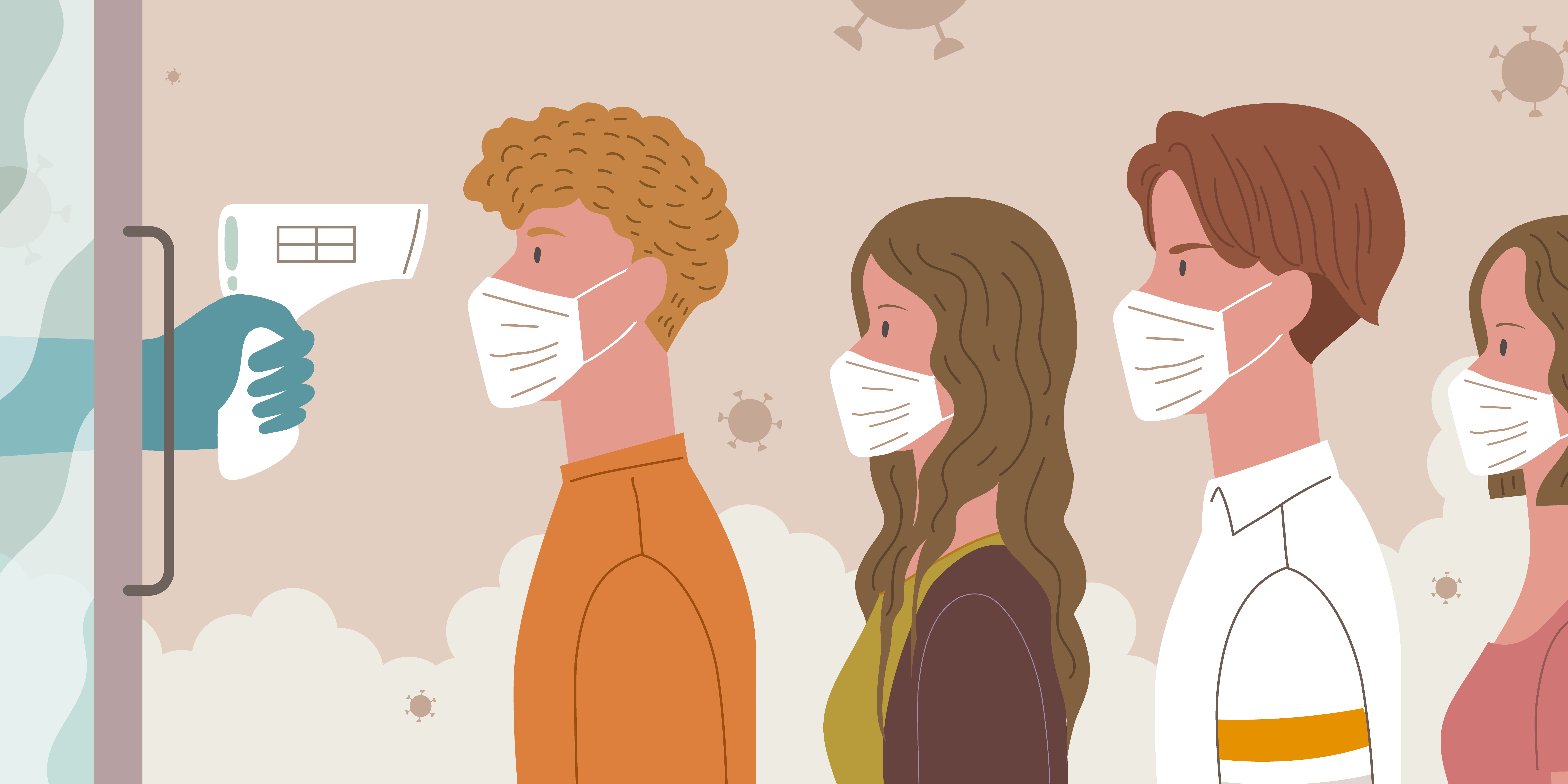 line of people getting temperature checked for Covid 19