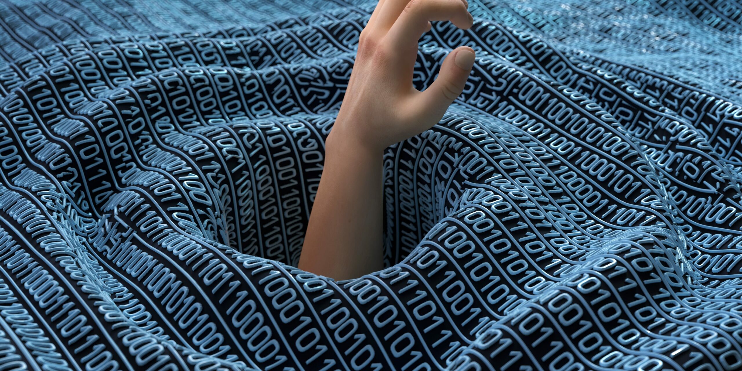 3d render of hand reaching through hole in sea of binary code