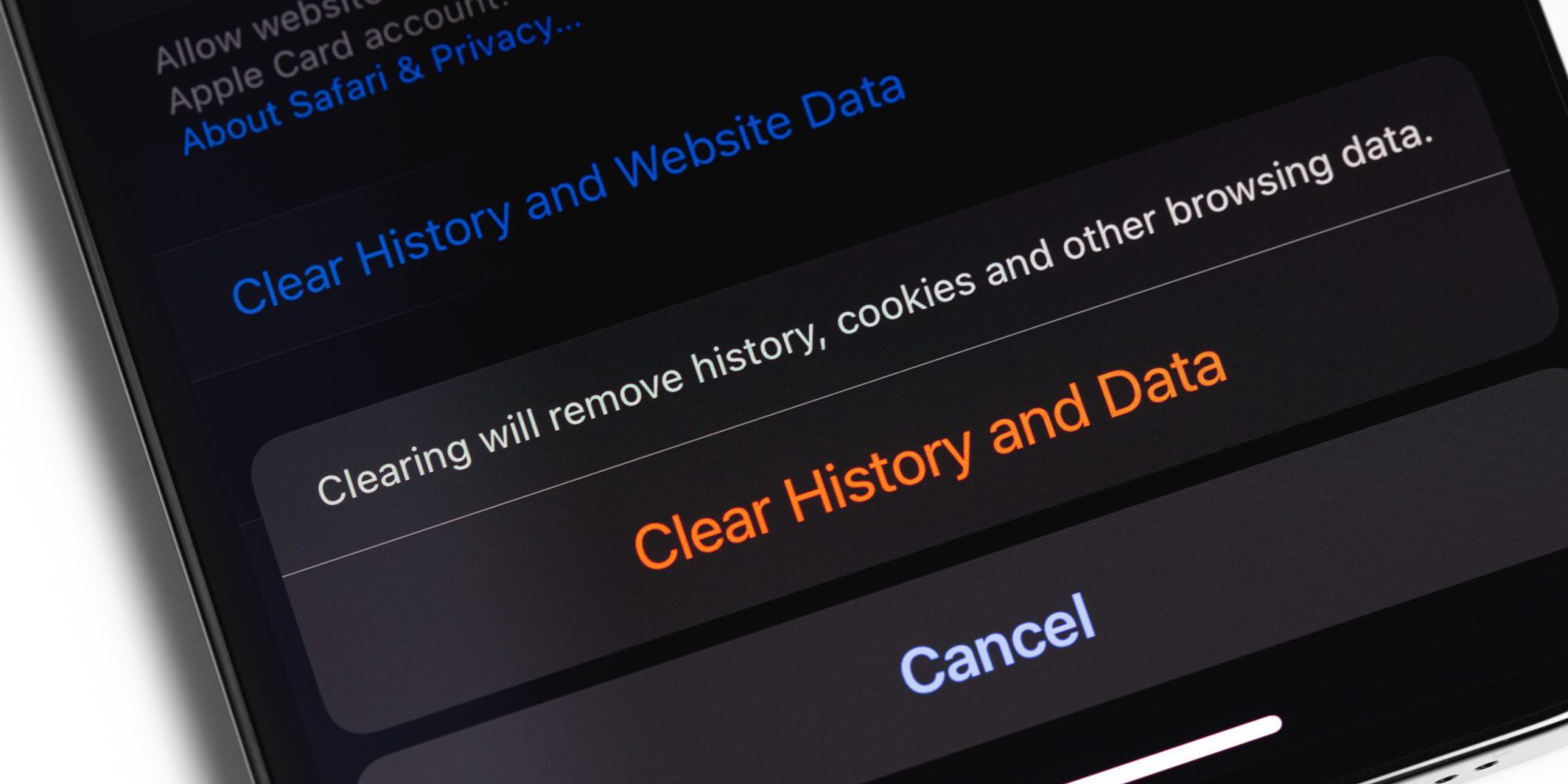 Closeup of mobile phone screen displaying clear history and data message