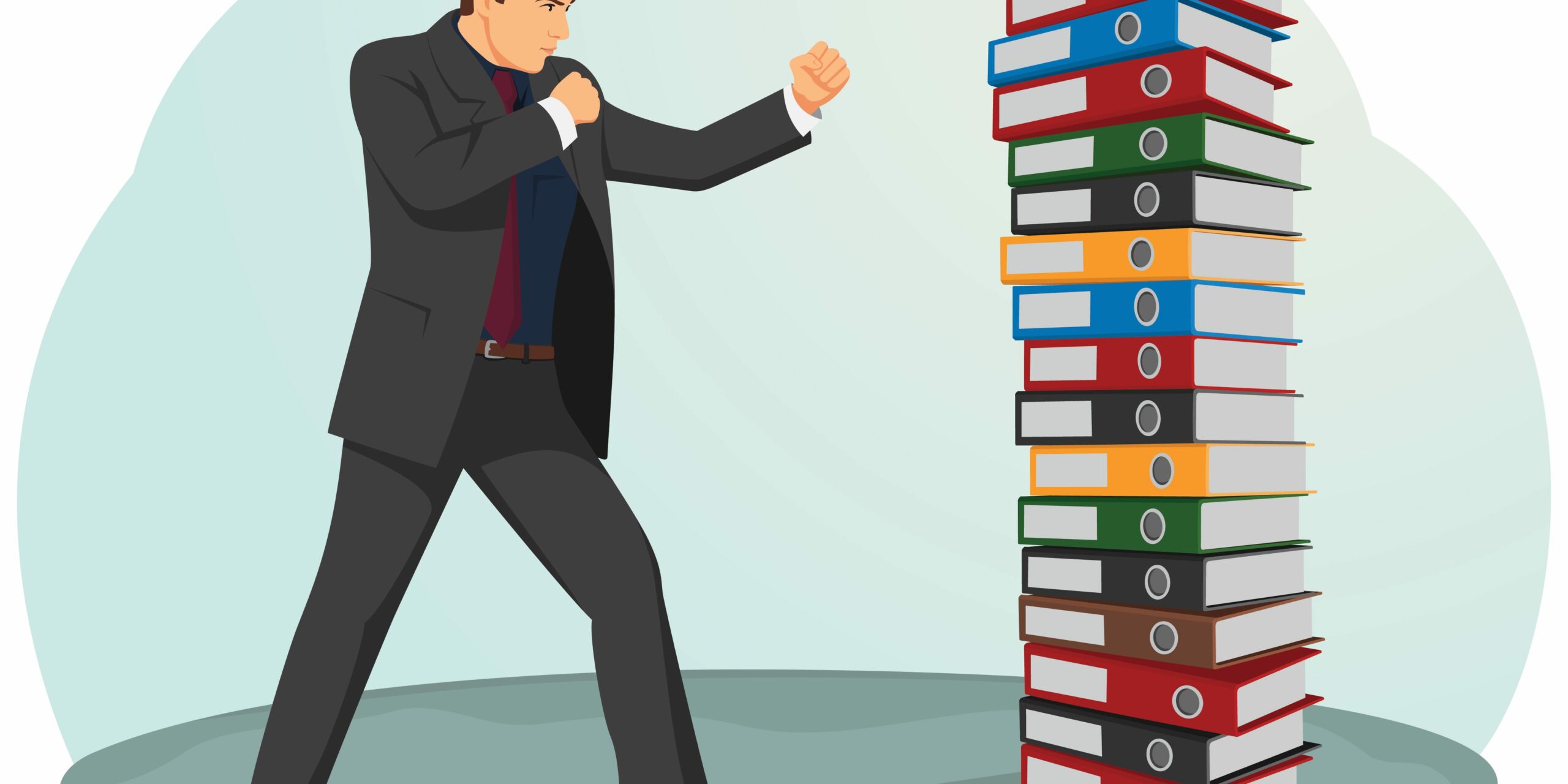 illustration of man shadowboxing stack of file binders