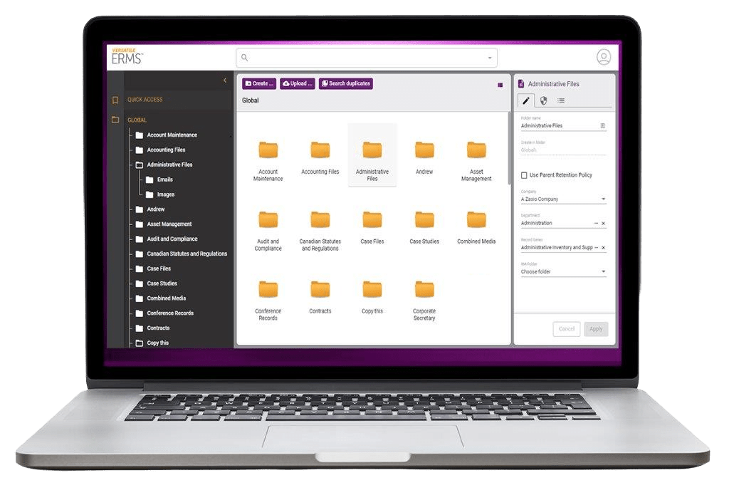 Versatile's electronic records repository running in a browser on a laptop: folder tree, document grid, and retention properties panel (illustrative)